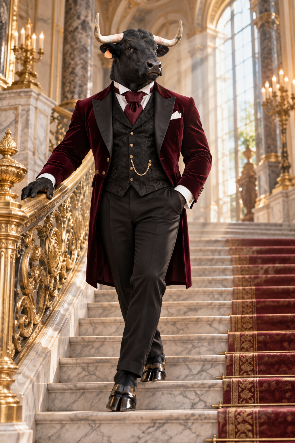 Bull in a burgundy tailcoat on a grand palace staircase