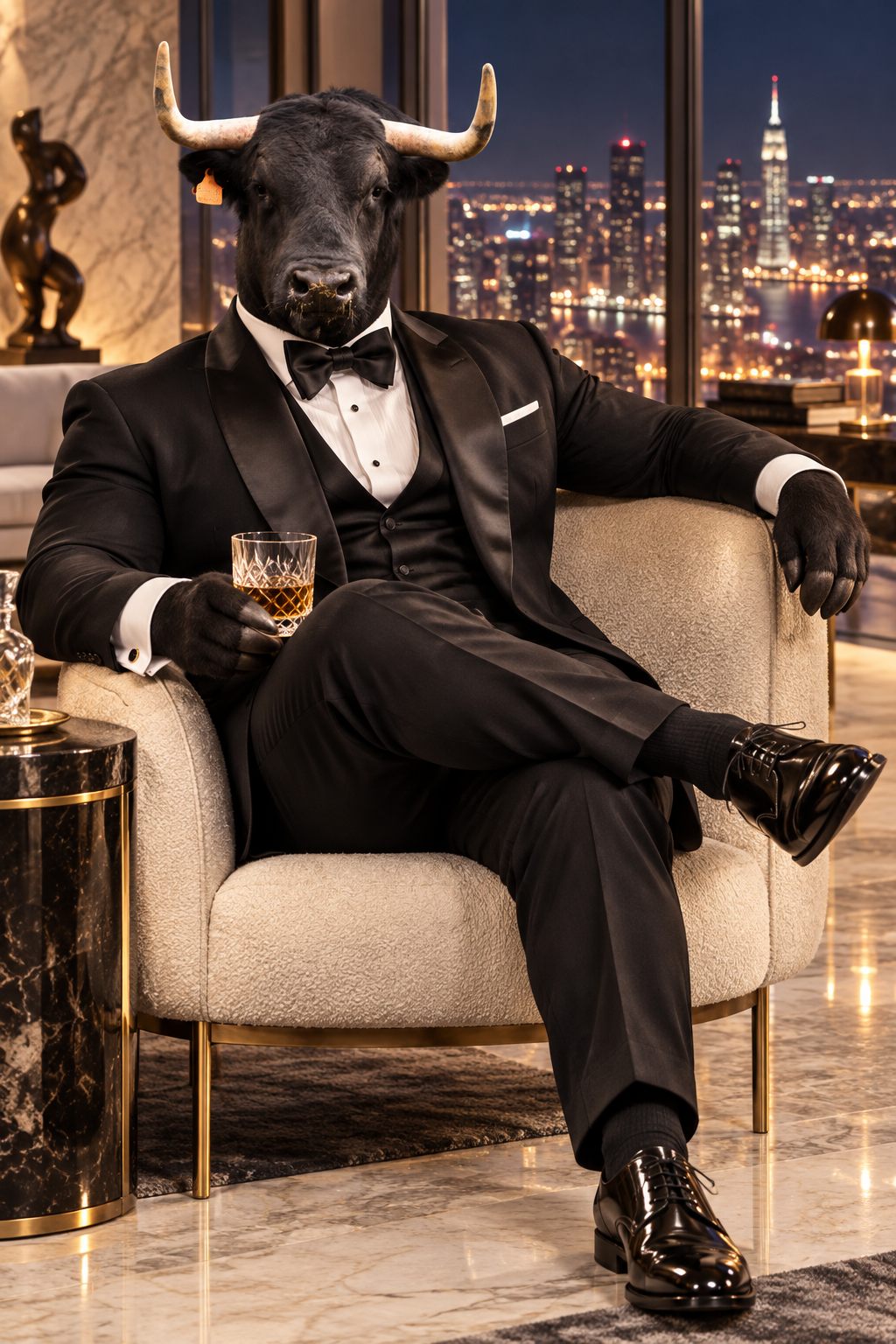 Bull in a black tuxedo relaxing in a penthouse overlooking the city