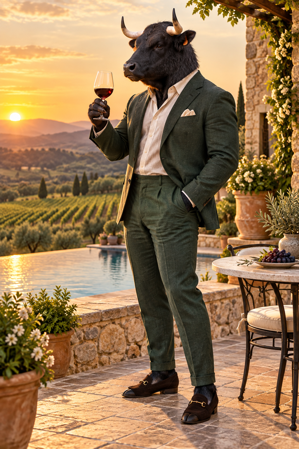 Bull in a green suit holding a wine glass beside a vineyard at sunset