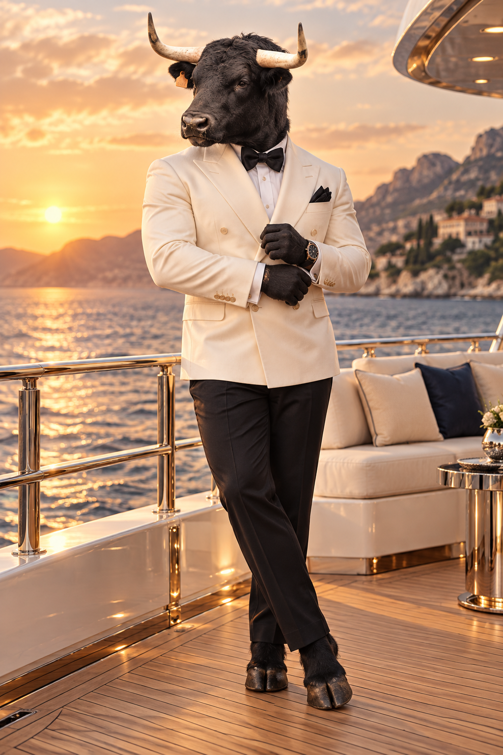 Bull in an ivory tuxedo aboard a yacht at sunset